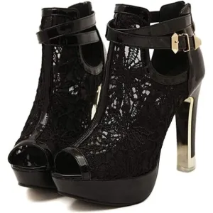﻿✨ Getmorebeauty Ankle Boots Women Black Leather Pretty Open Toes High Heel Boot