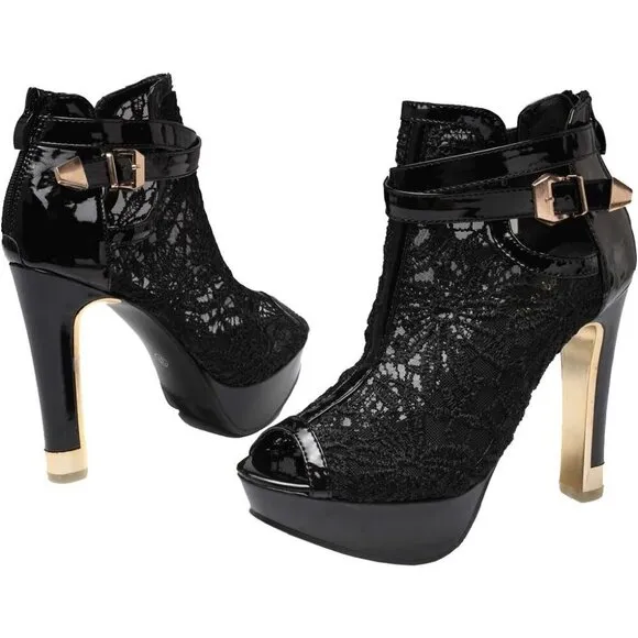 ﻿✨ Getmorebeauty Ankle Boots Women Black Leather Pretty Open Toes High Heel Boot