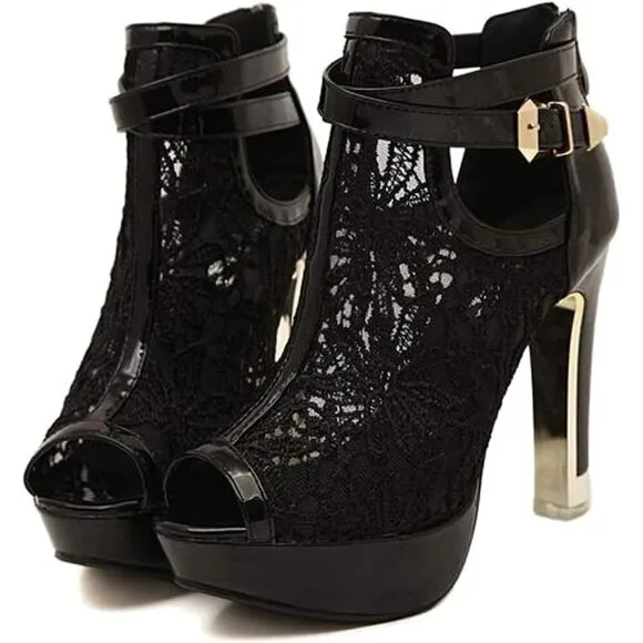 ﻿✨ Getmorebeauty Ankle Boots Women Black Leather Pretty Open Toes High Heel Boot