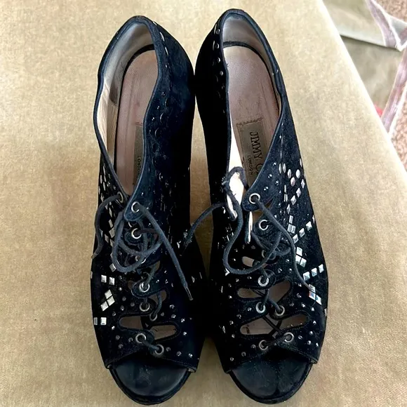 👠 Jimmy Choo Black Studded Lace-Up Shoe With Wedged Heel. Size 42