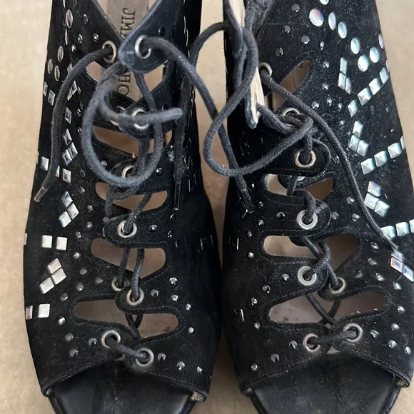 👠 Jimmy Choo Black Studded Lace-Up Shoe With Wedged Heel. Size 42