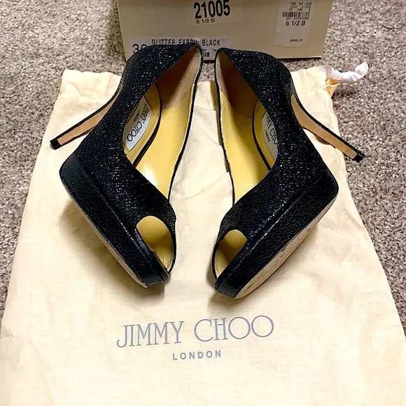 🌸 Jimmy Choo Glitter Peep Toe Pumps in Black Sz 6 ½