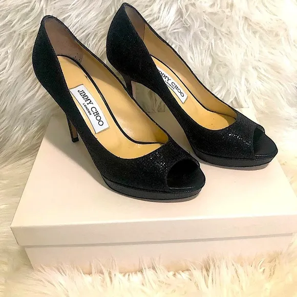 🌸 Jimmy Choo Glitter Peep Toe Pumps in Black Sz 6 ½