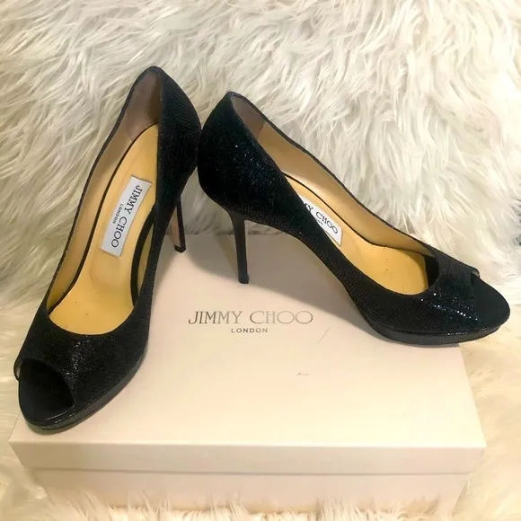 🌸 Jimmy Choo Glitter Peep Toe Pumps in Black Sz 6 ½