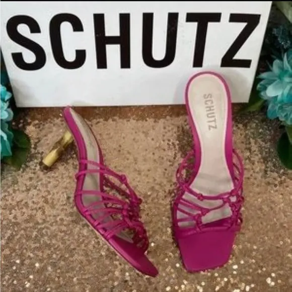🔥 Schutz Heel Sandal Dileni Mules RosePink Leather Bamboo Size 9.5 B