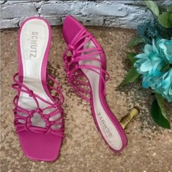 🔥 Schutz Heel Sandal Dileni Mules RosePink Leather Bamboo Size 9.5 B