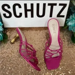 🔥 Schutz Heel Sandal Dileni Mules RosePink Leather Bamboo Size 9.5 B
