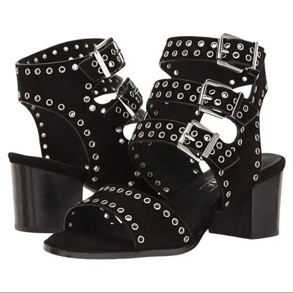 ** Sol Sana Black Sweet Pea Black Studded Suede Block Heeled Sandals Size 39