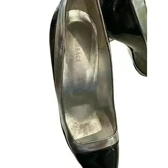 - Versace Platform Leather Pumps in Black and Silver,  Size 37 1/2, Pre-Ow…