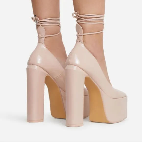 1 Nude patent leather LACE UP CLOSED TOE PLATFORM BLOCK HEEL IN BLACK PATEN