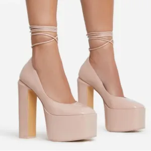 1 Nude patent leather LACE UP CLOSED TOE PLATFORM BLOCK HEEL IN BLACK PATEN