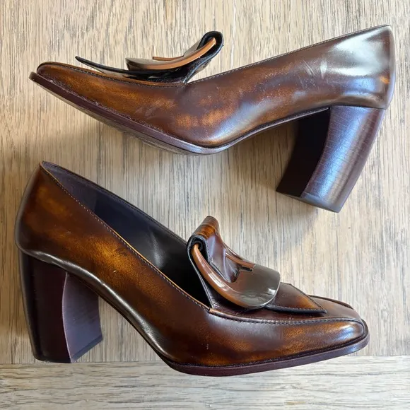 $389*RUNWAY*TORY BURCH Burnished Leather Buckle Loafers Pumps Brown Heels 7M