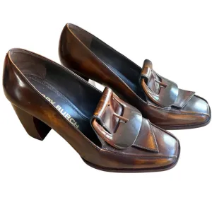 $389*RUNWAY*TORY BURCH Burnished Leather Buckle Loafers Pumps Brown Heels 7M