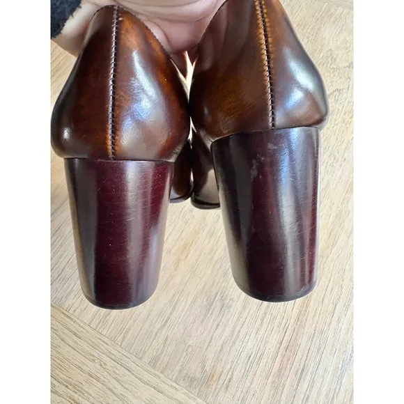 $389*RUNWAY*TORY BURCH Burnished Leather Buckle Loafers Pumps Brown Heels 7M