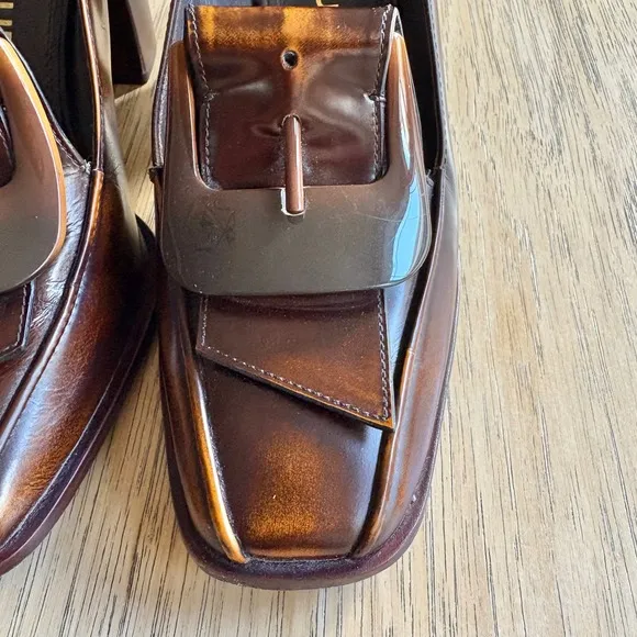 $389*RUNWAY*TORY BURCH Burnished Leather Buckle Loafers Pumps Brown Heels 7M
