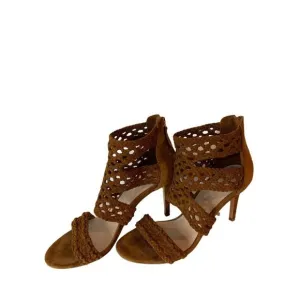 39 Sandro Agate Brique Suede Braid Stiletto Sandals Brown 3.75&quot; Heel