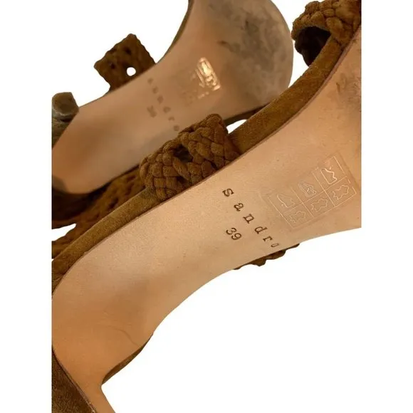 39 Sandro Agate Brique Suede Braid Stiletto Sandals Brown 3.75&quot; Heel
