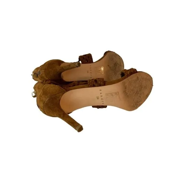 39 Sandro Agate Brique Suede Braid Stiletto Sandals Brown 3.75&quot; Heel