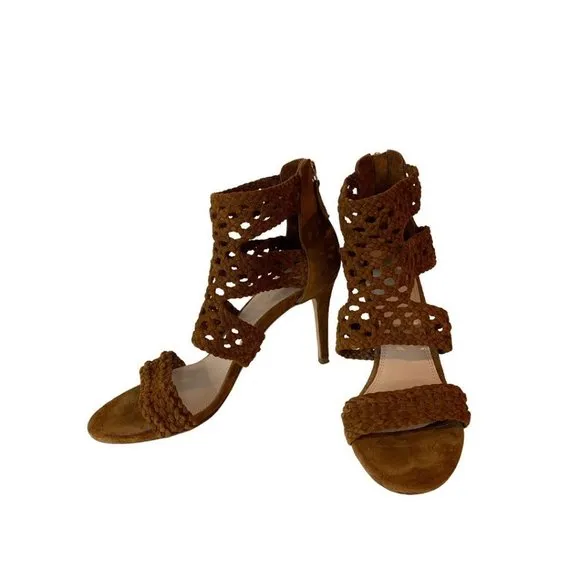 39 Sandro Agate Brique Suede Braid Stiletto Sandals Brown 3.75&quot; Heel