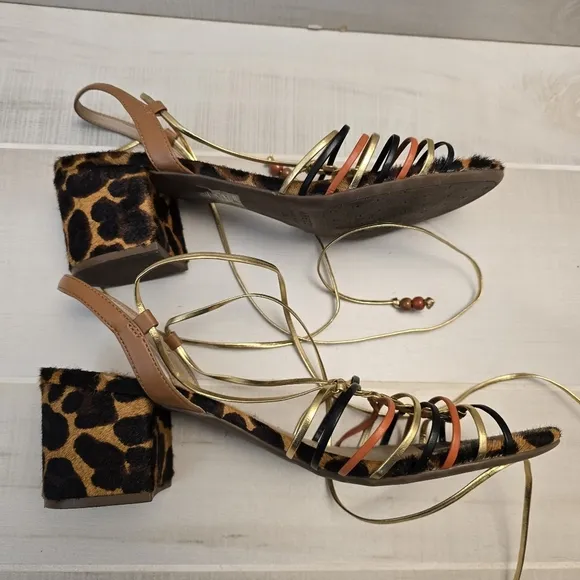 {41} Arezzo Multineutra Animal Fun Block Heel Lace Up Sandal
