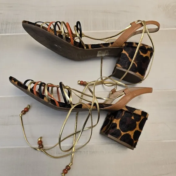 {41} Arezzo Multineutra Animal Fun Block Heel Lace Up Sandal