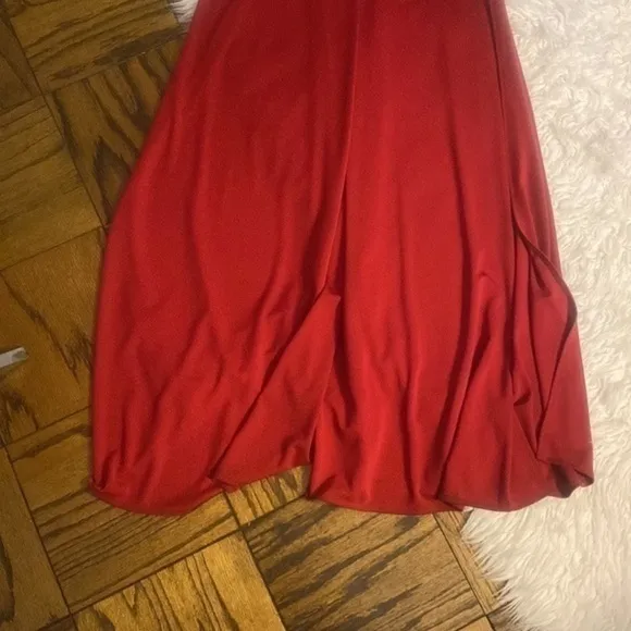 Abyss by AbbySLEEVE PLUNGE VNECK Gold BELTED DOUBLE HIGH SLIT MAXI Red DRESS S