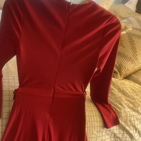 Abyss by AbbySLEEVE PLUNGE VNECK Gold BELTED DOUBLE HIGH SLIT MAXI Red DRESS S