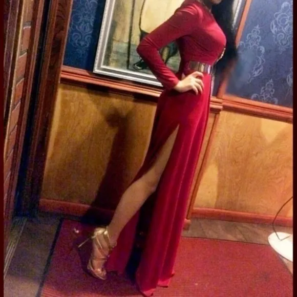 Abyss by AbbySLEEVE PLUNGE VNECK Gold BELTED DOUBLE HIGH SLIT MAXI Red DRESS S
