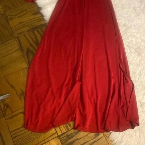 Abyss by AbbySLEEVE PLUNGE VNECK Gold BELTED DOUBLE HIGH SLIT MAXI Red DRESS S