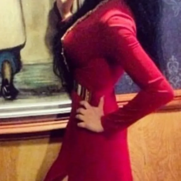 Abyss by AbbySLEEVE PLUNGE VNECK Gold BELTED DOUBLE HIGH SLIT MAXI Red DRESS S