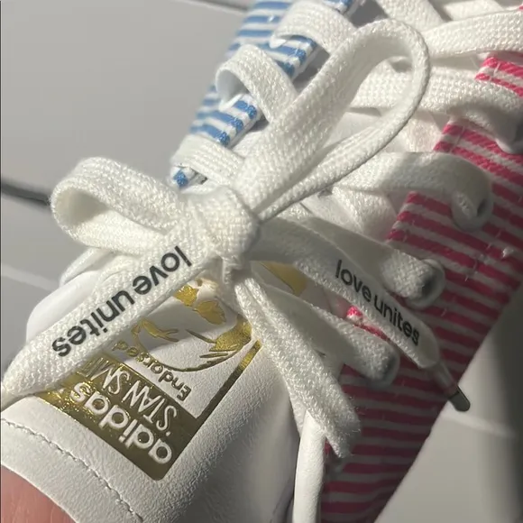 Adidas Pink and Blue Striped Sneakers