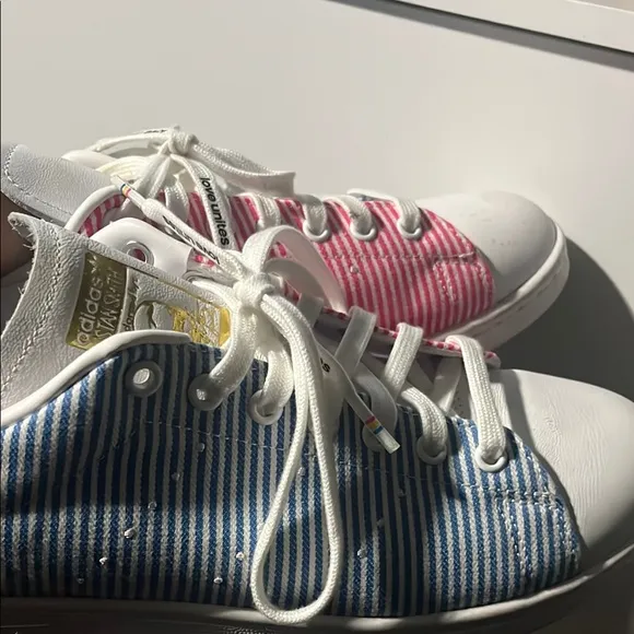 Adidas Pink and Blue Striped Sneakers