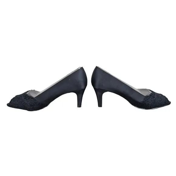 Adrianna Papell Jude Heels Shoes 7.5 Wide Black Satin Lace Special Occasion