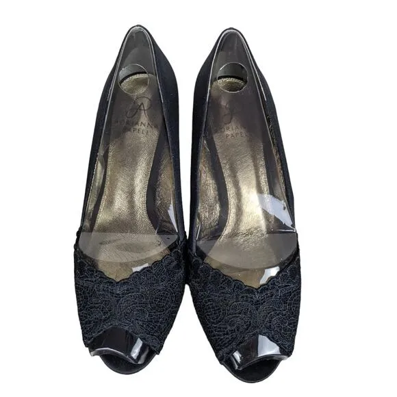 Adrianna Papell Jude Heels Shoes 7.5 Wide Black Satin Lace Special Occasion