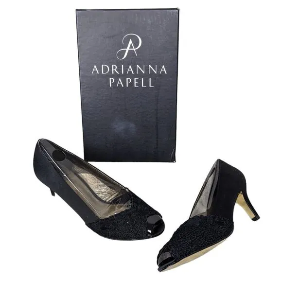 Adrianna Papell Jude Heels Shoes 7.5 Wide Black Satin Lace Special Occasion
