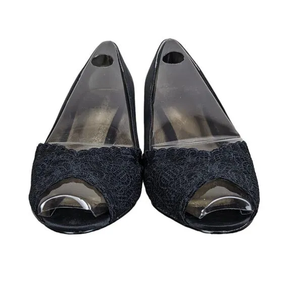 Adrianna Papell Jude Heels Shoes 7.5 Wide Black Satin Lace Special Occasion