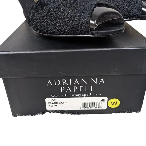 Adrianna Papell Jude Heels Shoes 7.5 Wide Black Satin Lace Special Occasion