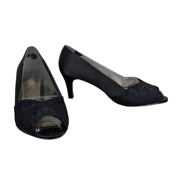 Adrianna Papell Jude Heels Shoes 7.5 Wide Black Satin Lace Special Occasion