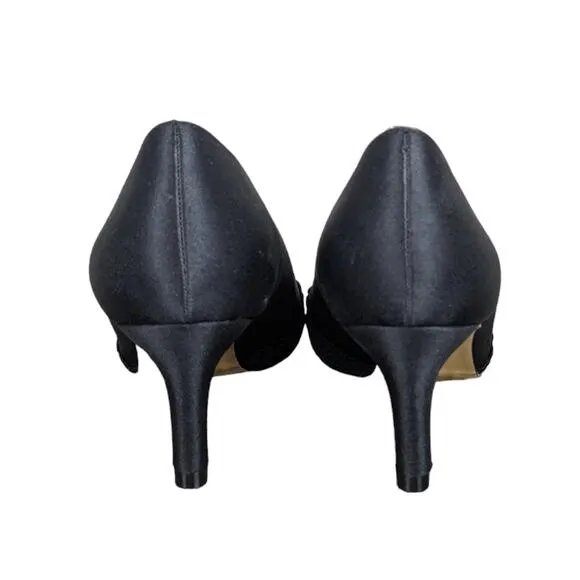 Adrianna Papell Jude Heels Shoes 7.5 Wide Black Satin Lace Special Occasion