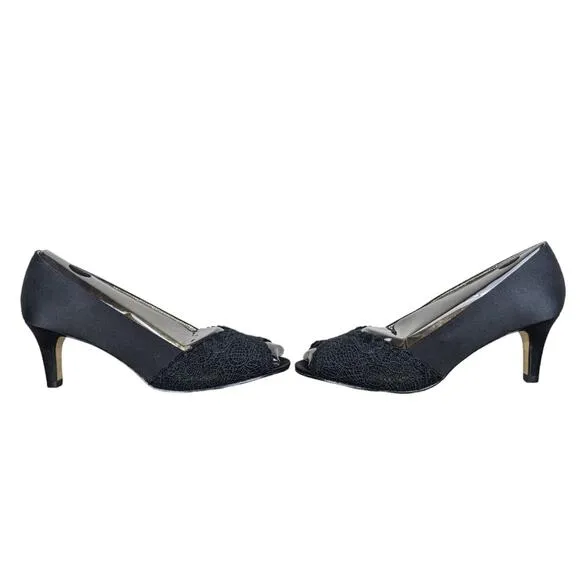Adrianna Papell Jude Heels Shoes 7.5 Wide Black Satin Lace Special Occasion