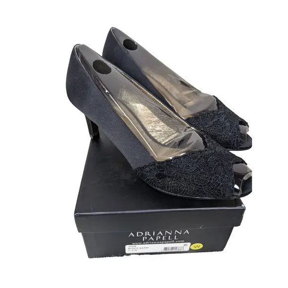 Adrianna Papell Jude Heels Shoes 7.5 Wide Black Satin Lace Special Occasion