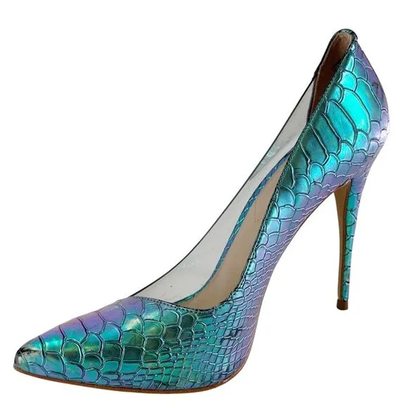 Aldo Mermaid Metallic Snakeskin Embossed Clear Pump Heels Size 9