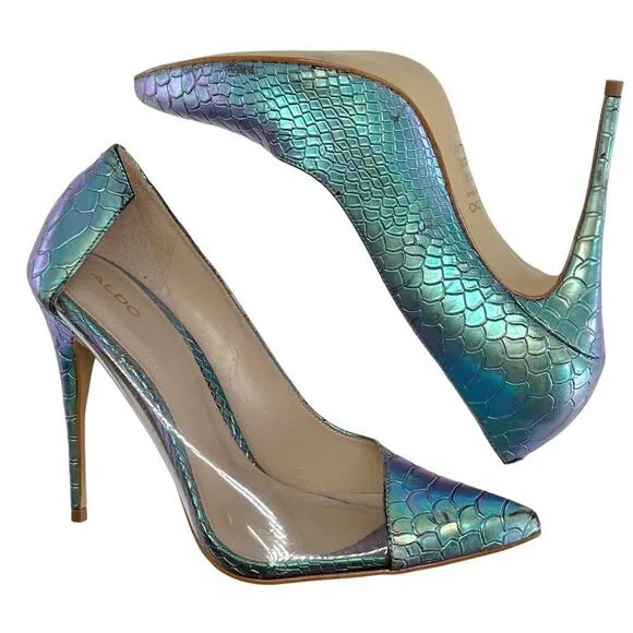 Aldo Mermaid Metallic Snakeskin Embossed Clear Pump Heels Size 9