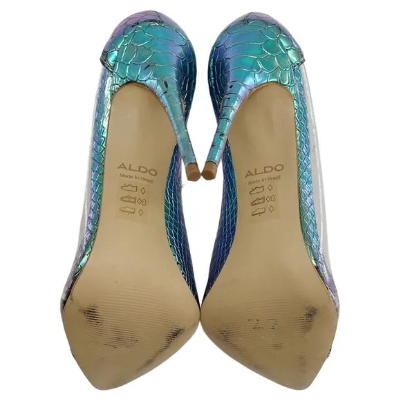 Aldo Mermaid Metallic Snakeskin Embossed Clear Pump Heels Size 9