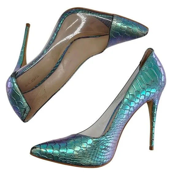 Aldo Mermaid Metallic Snakeskin Embossed Clear Pump Heels Size 9