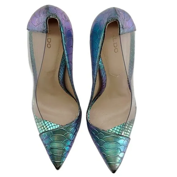 Aldo Mermaid Metallic Snakeskin Embossed Clear Pump Heels Size 9