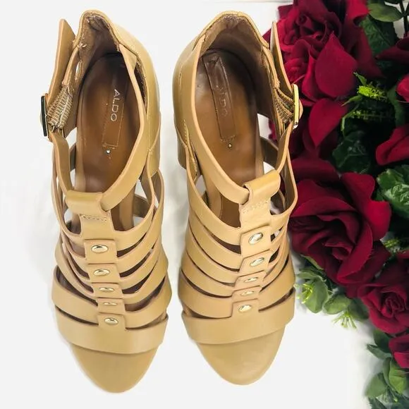 ALDO TAN STRAPPY STILETTO HIGH HEEL OPENED TOE SANDALS/BOOTIES/PUMPS