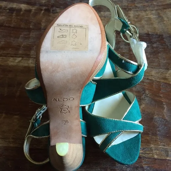 Aldo Teal Suede Wood Stacked Heel Sandals