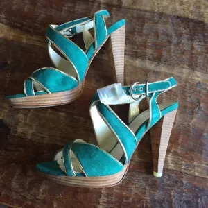 Aldo Teal Suede Wood Stacked Heel Sandals