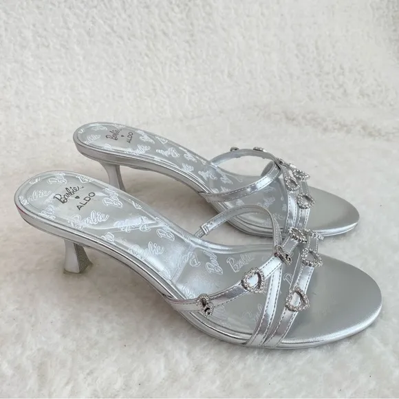 ALDO x Barbie Women's Barbiemule Strappy Kitten Heel Sandals, Silver, Womens 7.5